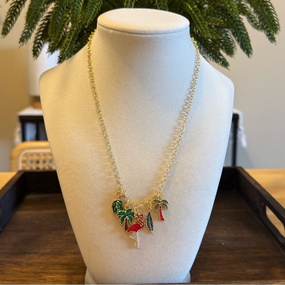 Tropical Charm Necklace Gold Flamingo Palm Tree Beach Vacation Jewelry